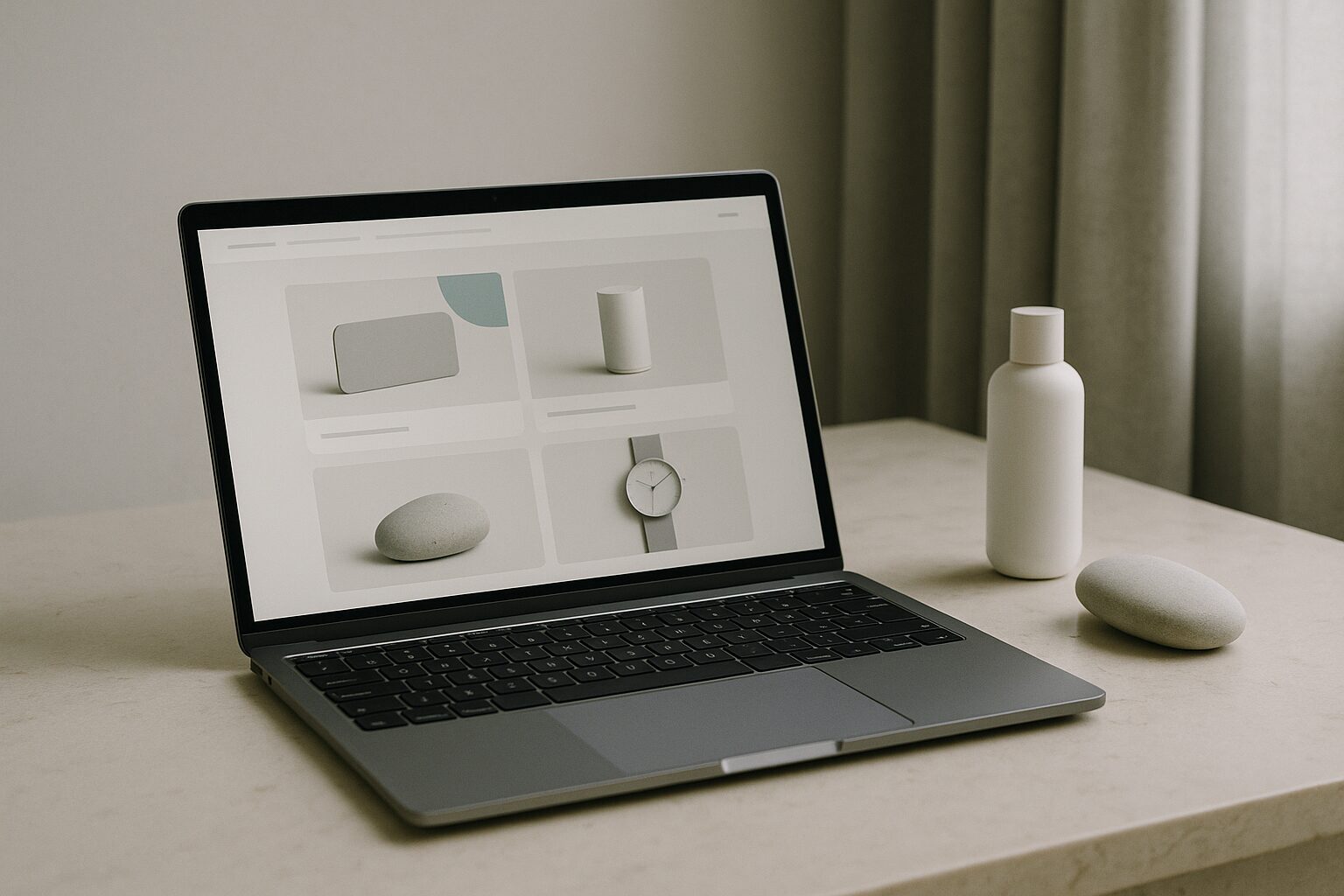 Ordinateur portable affichant une boutique en ligne, posé sur un plan de travail clair