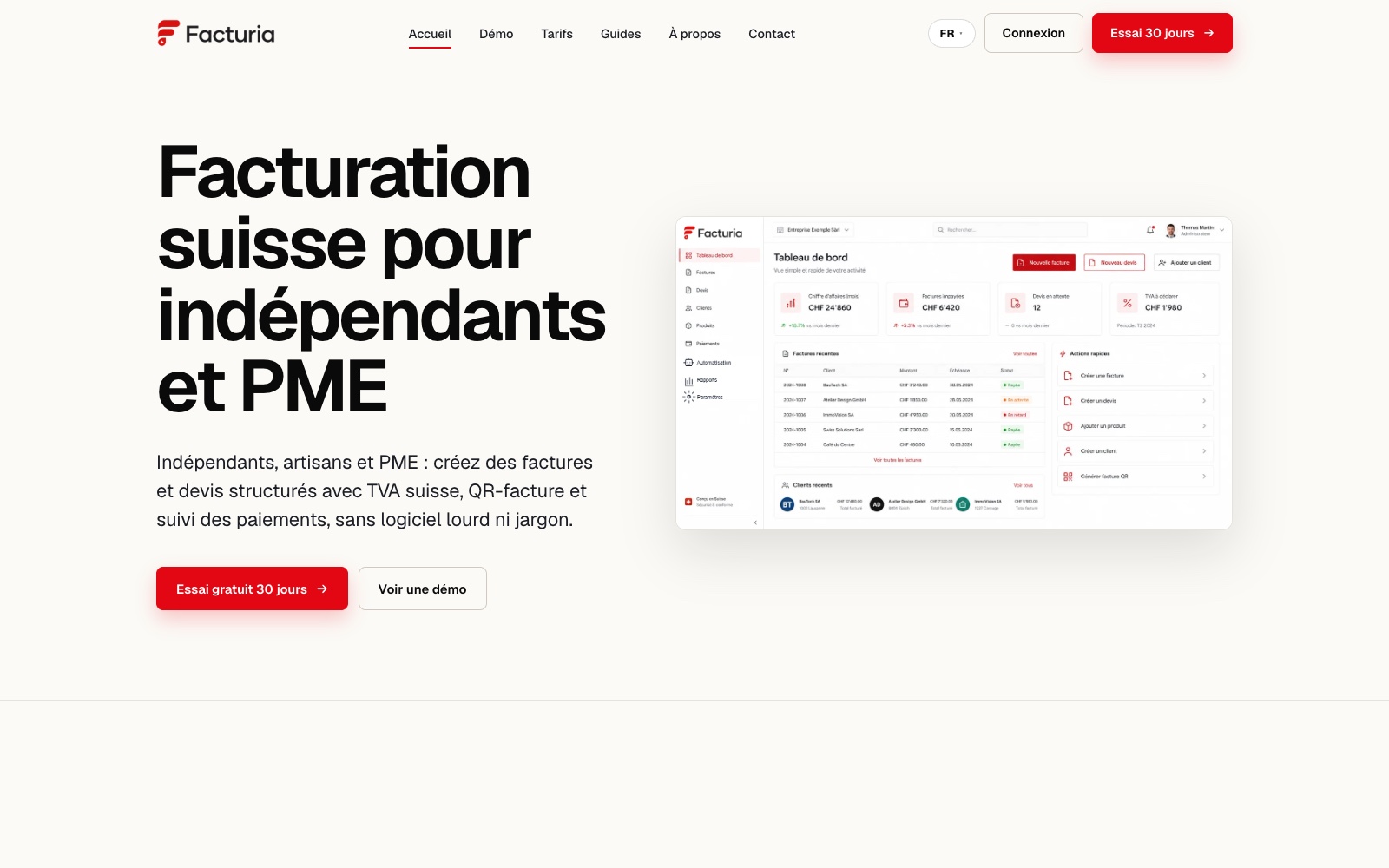 Page d'accueil du site Facturia